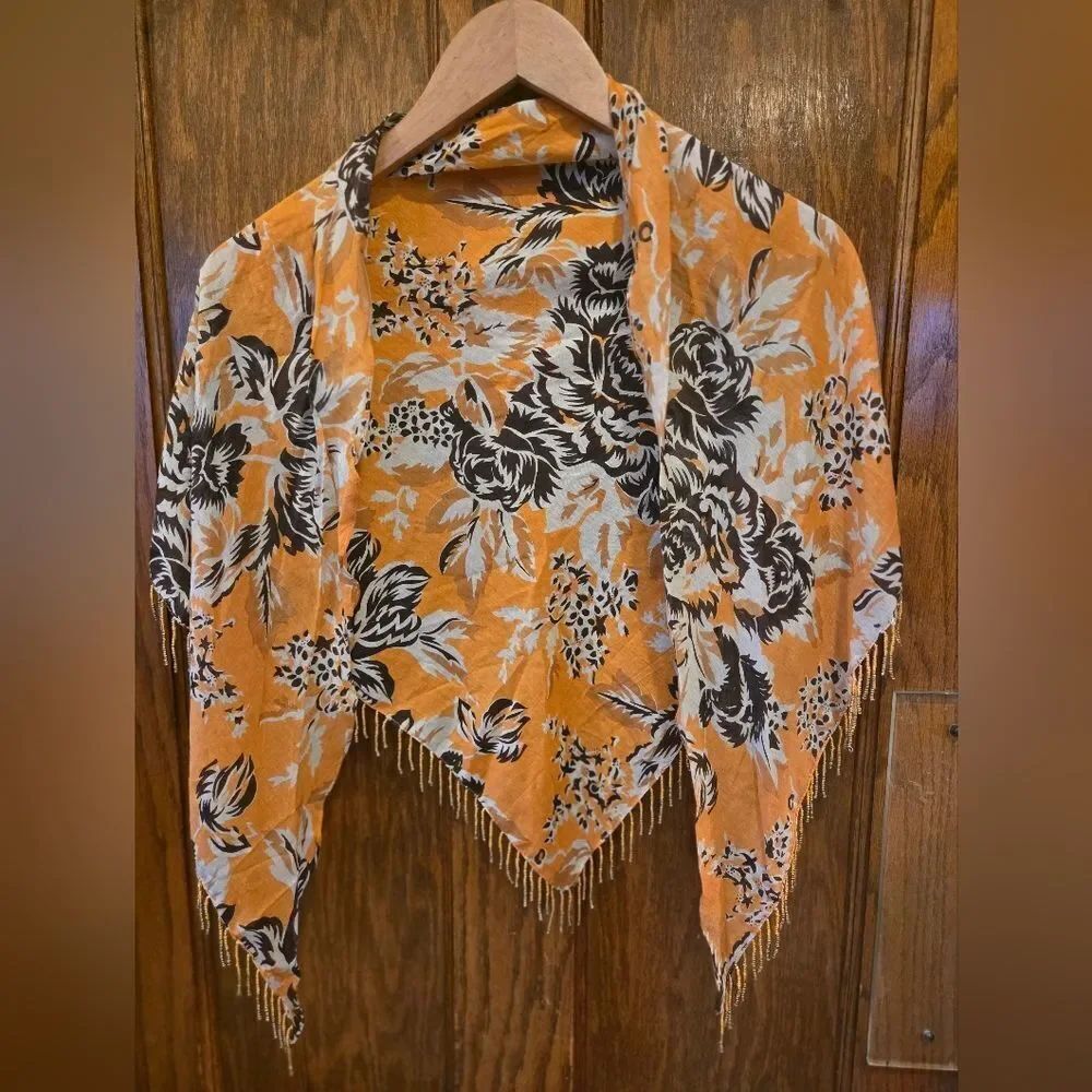 Floral Orange and Black Shawl with Beaded Fringe